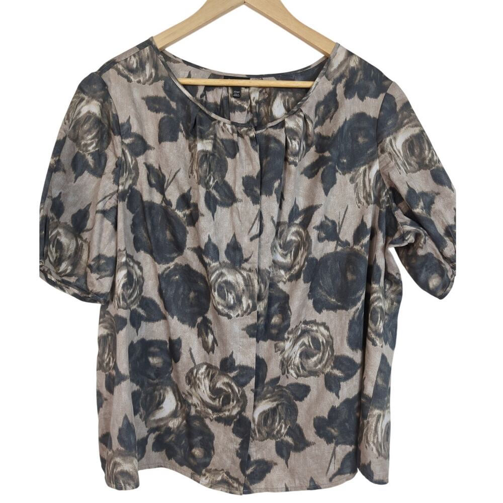 Talbots Rose Print Short Sleeve Button Front Blouse Gray‎ 20WP